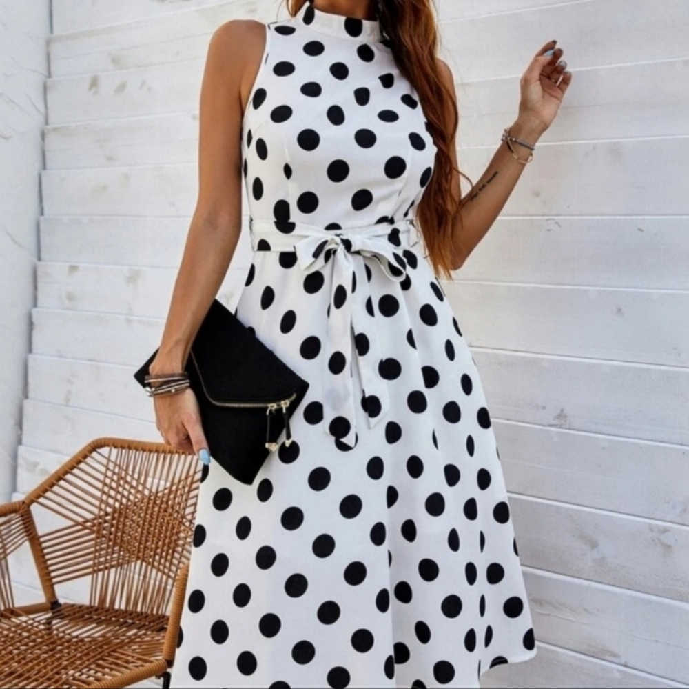 New High Neck Belted Polka Dot Dress